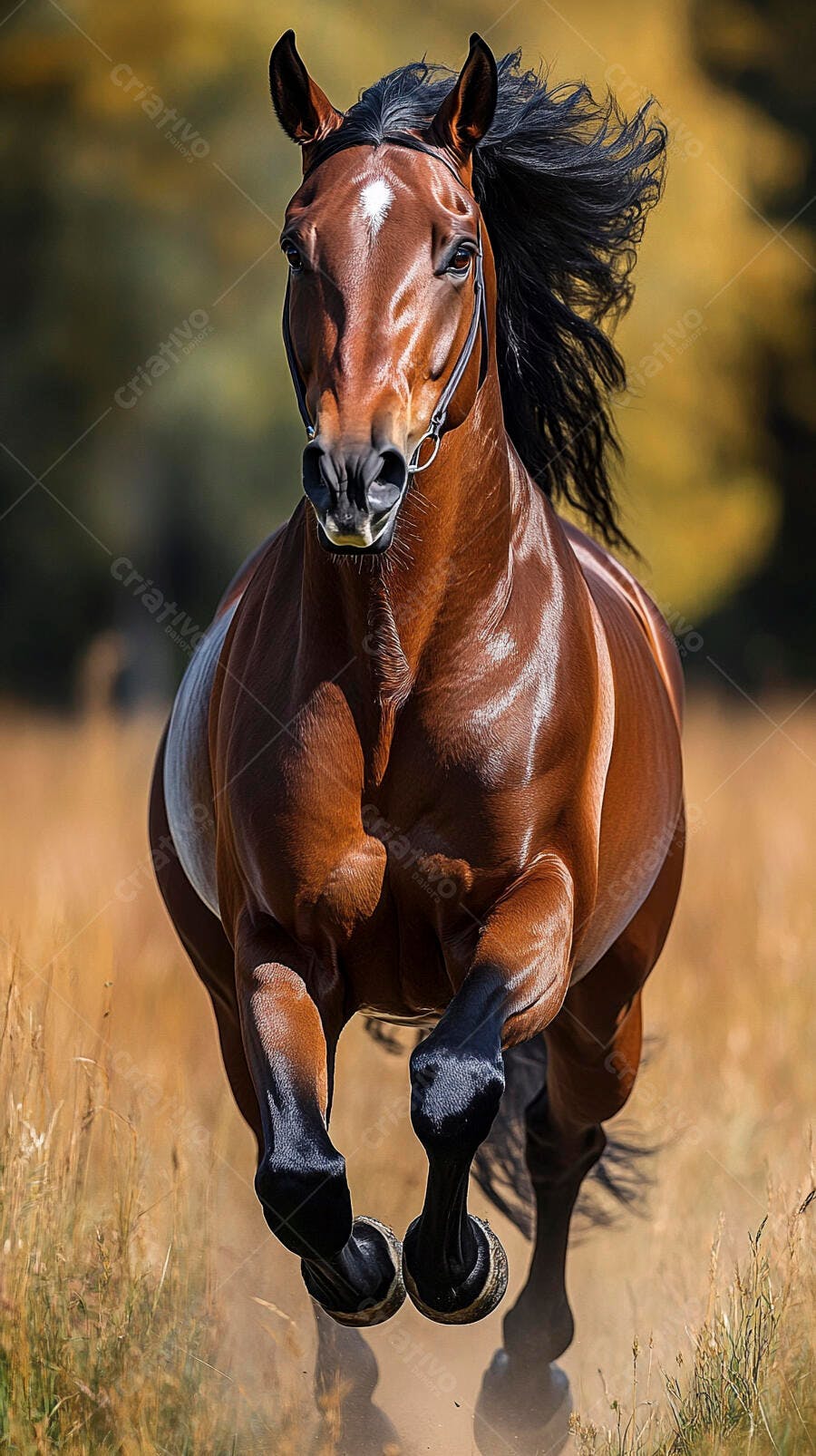 Cavalo marrom galopando livremente em campo ensolarado com grama seca