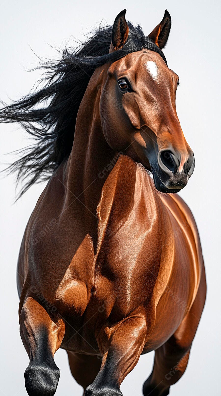 Cavalo castanho galopando com crina preta esvoaçante em fundo branco