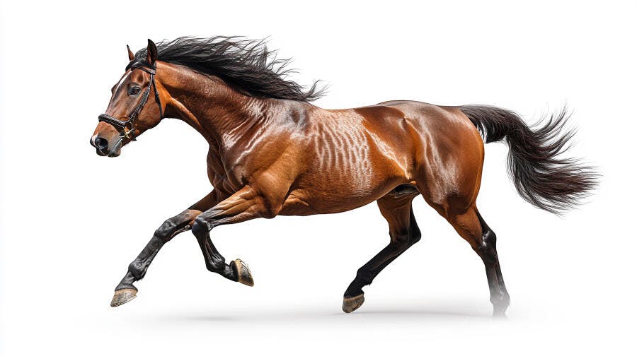 Cavalo marrom bay galopando com crina fluindo em fundo branco isolado