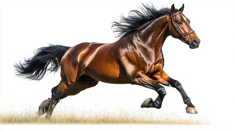 Cavalo marrom correndo com crina esvoaçante em fundo branco