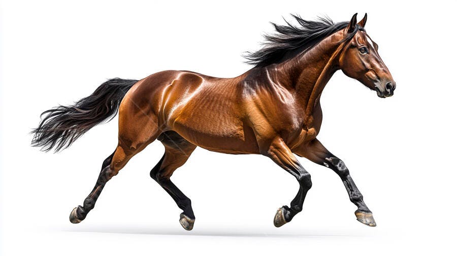 Cavalo marrom bay correndo com crina preta esvoaçante em fundo branco isolado