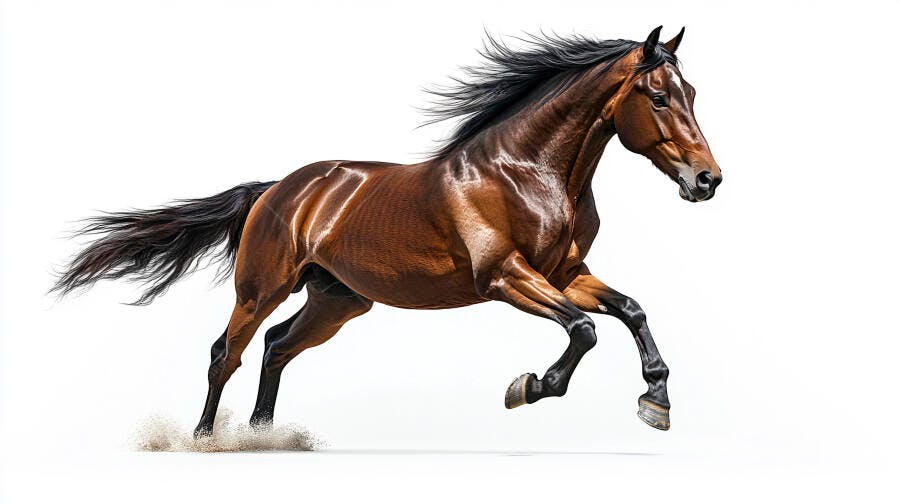 Cavalo castanho galopando com crina solta em fundo branco puro e dinâmico