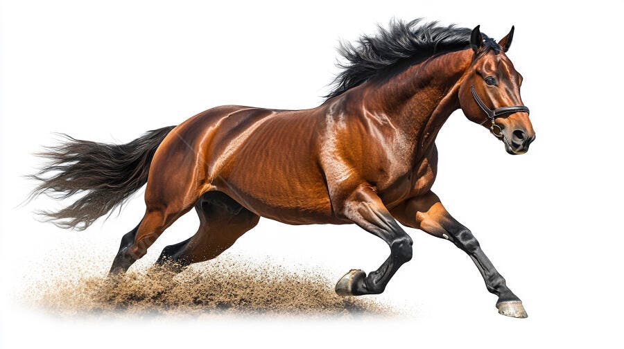 Cavalo marrom escuro galopando com crina ao vento levantando areia