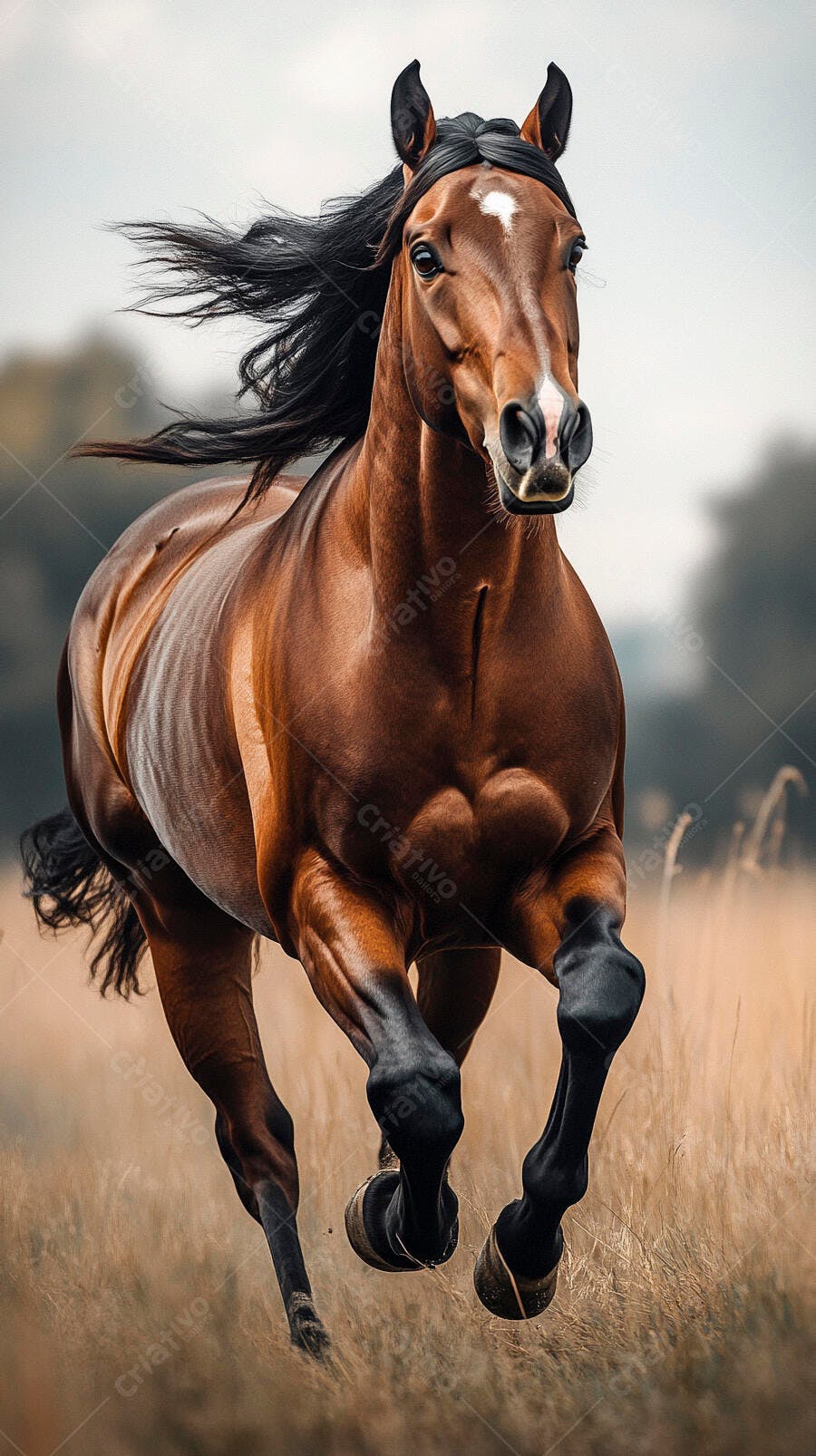 Cavalo marrom escuro galopando em campo de grama seca com crina ao vento