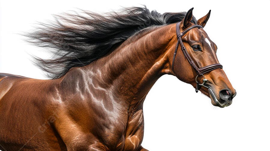 Cavalo castanho galopando com crina esvoaçante em fundo branco