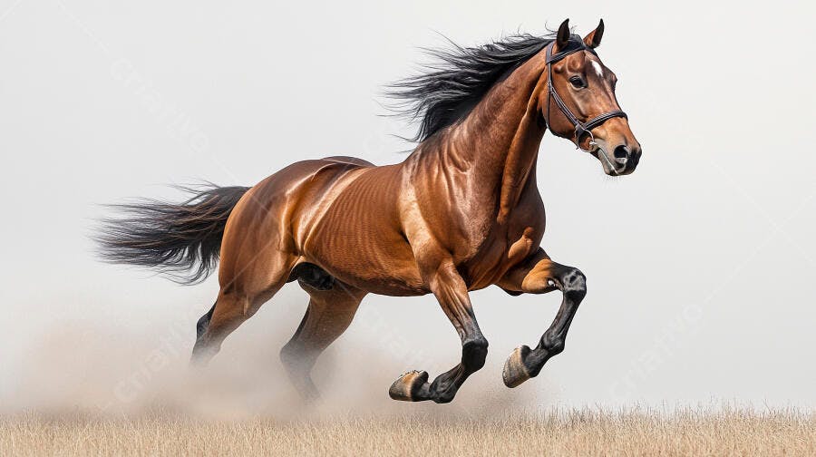 Cavalo baio vigoroso galopando no campo seco levantando poeira