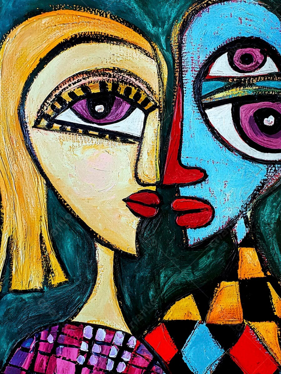Pintura abstrata cubista de duas faces coloridas e expressivas