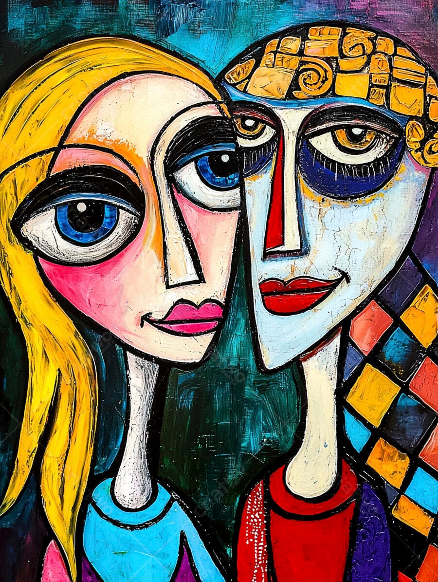 Pintura abstrata de dois rostos com olhos grandes e cores vibrantes