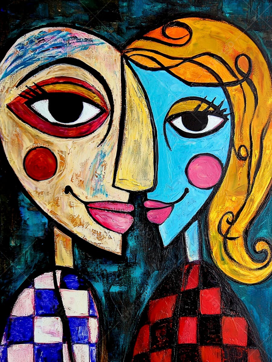 Casal abstrato moderno rostos coloridos blusas xadrez e cabelo loiro