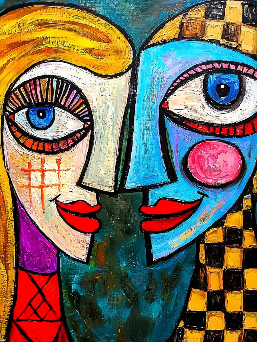Arte moderna cubista duas faces vibrantes com olhos azuis e lábios vermelhos