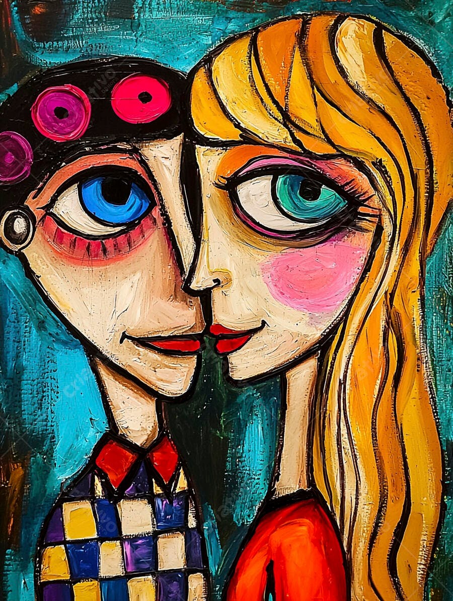Casal abstrato com olhos azuis expressivos arte moderna vibrante
