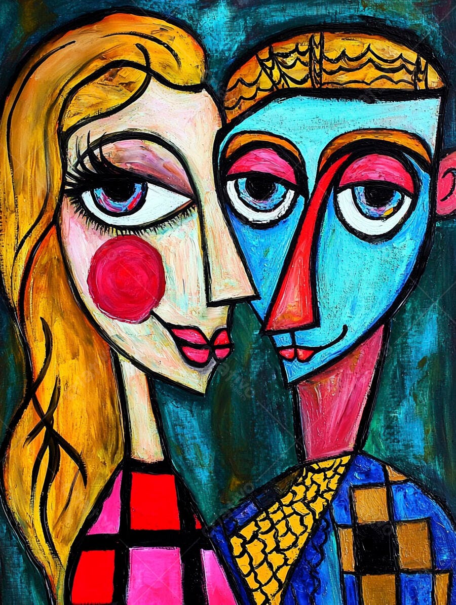 Faces de casal abstrato vibrantes azul amarelo arte moderna