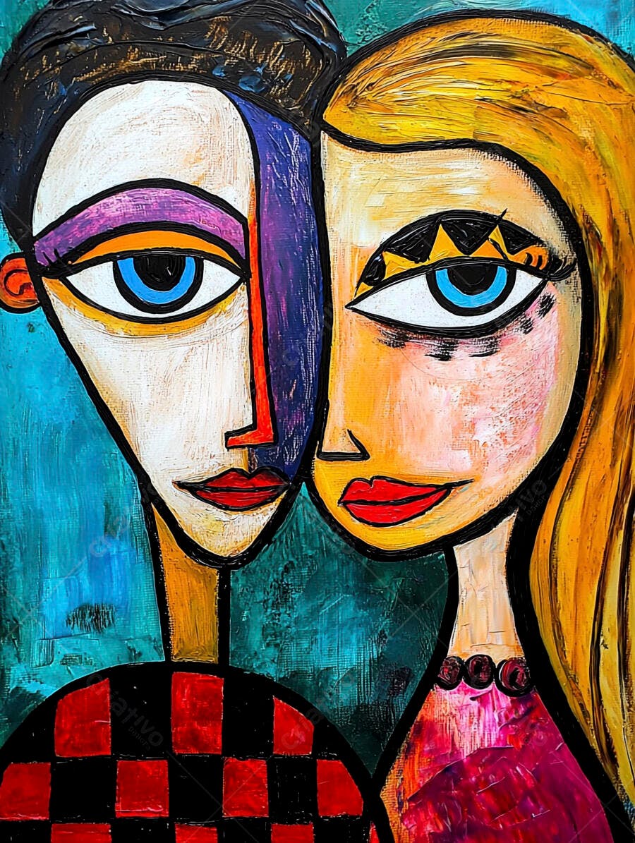 Pintura cubista vibrante de casal com olhos azuis e fundo turquesa