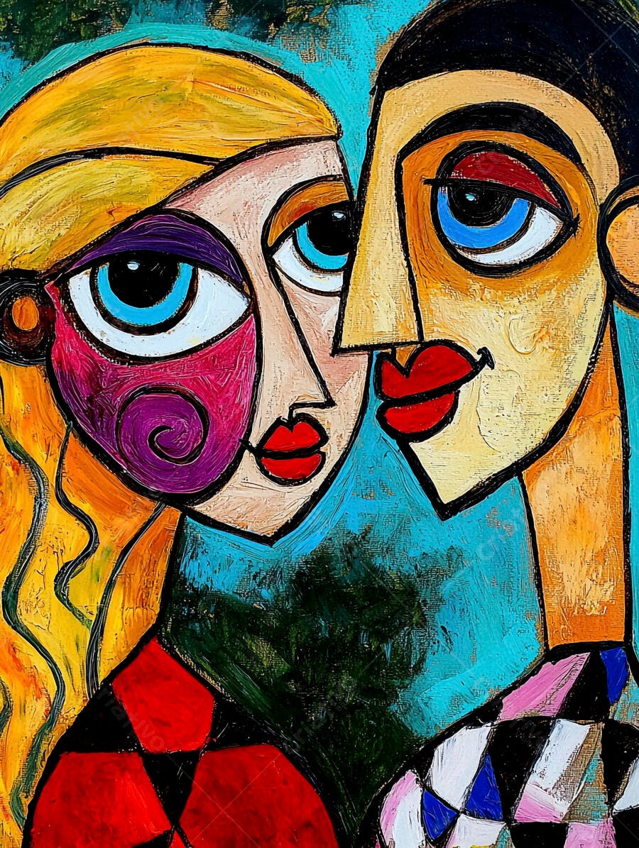 Casal em pintura cubista colorida com olhos azuis e lábios vermelhos