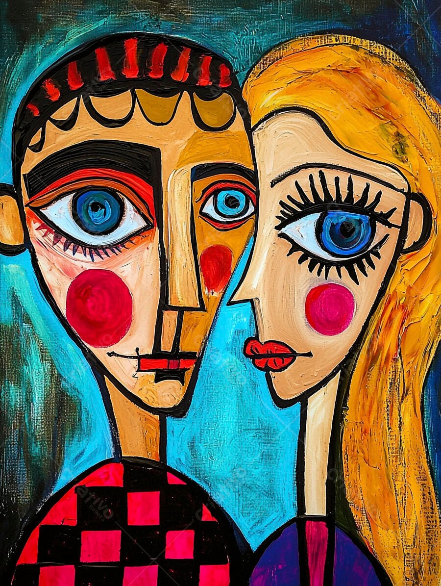 Casal abstrato homem e mulher cores vibrantes estilo cubista arte