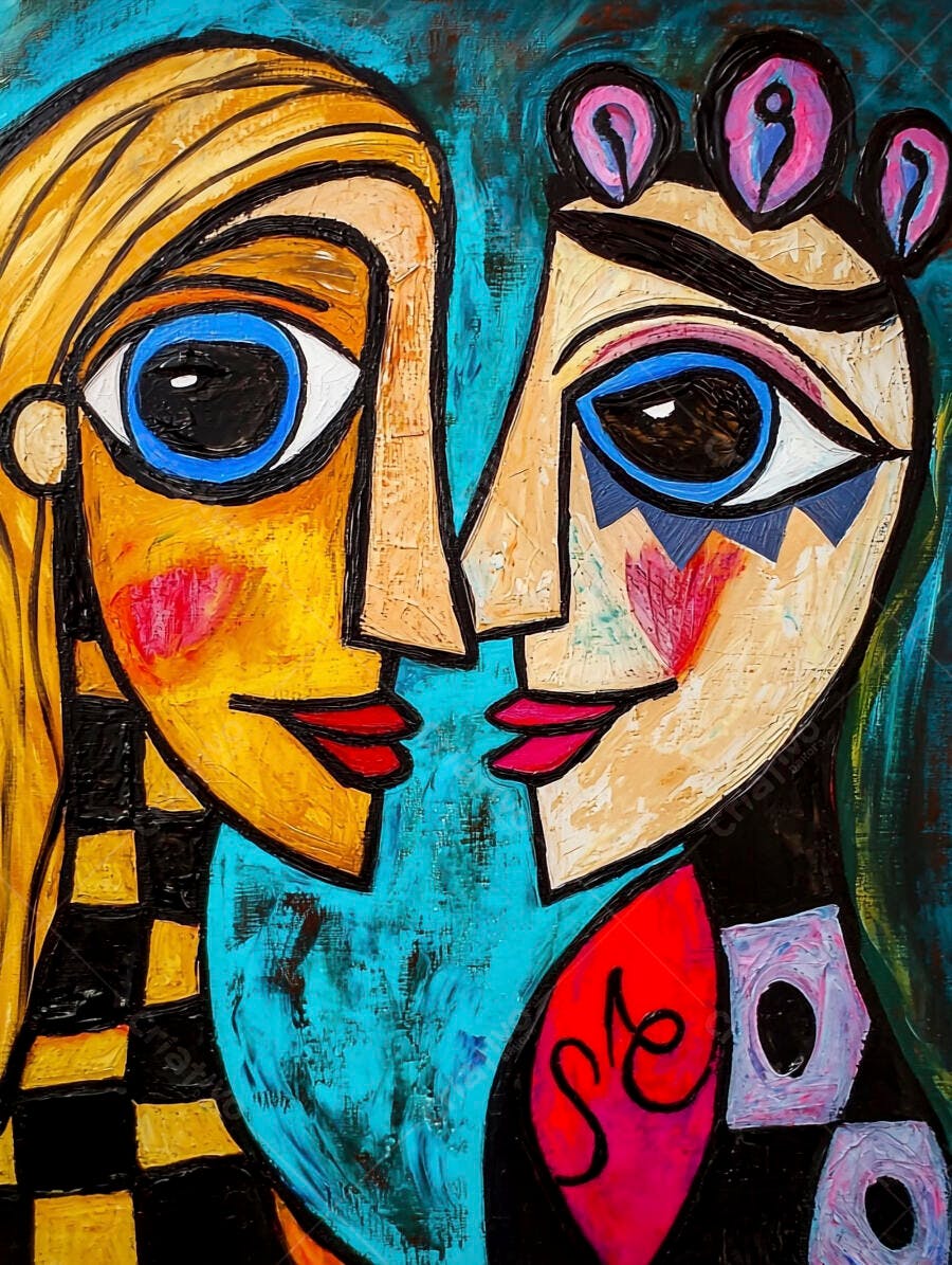 Duas faces abstratas coloridas estilo cubista vibrante com fundo azul