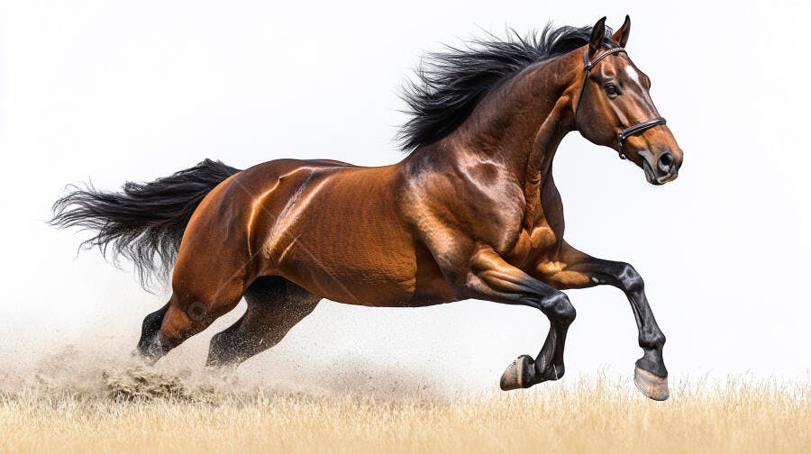 Cavalo baio forte galopando em alta velocidade levantando poeira no campo