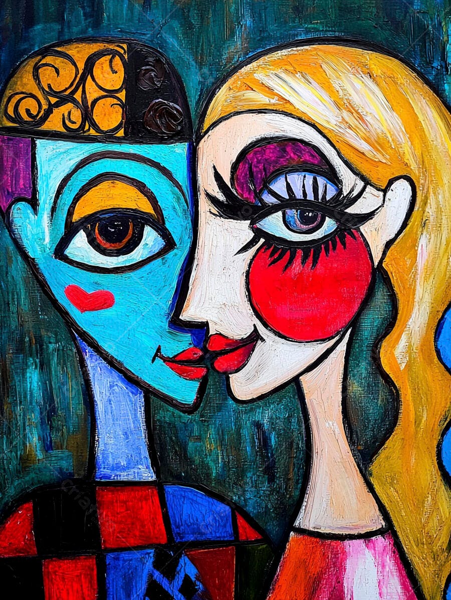 Retrato cubista de casal em cores vibrantes arte abstrata moderna
