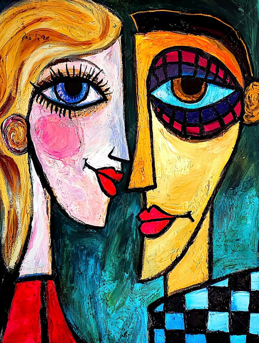 Pintura abstrata duas faces estilo cubista cores vibrantes