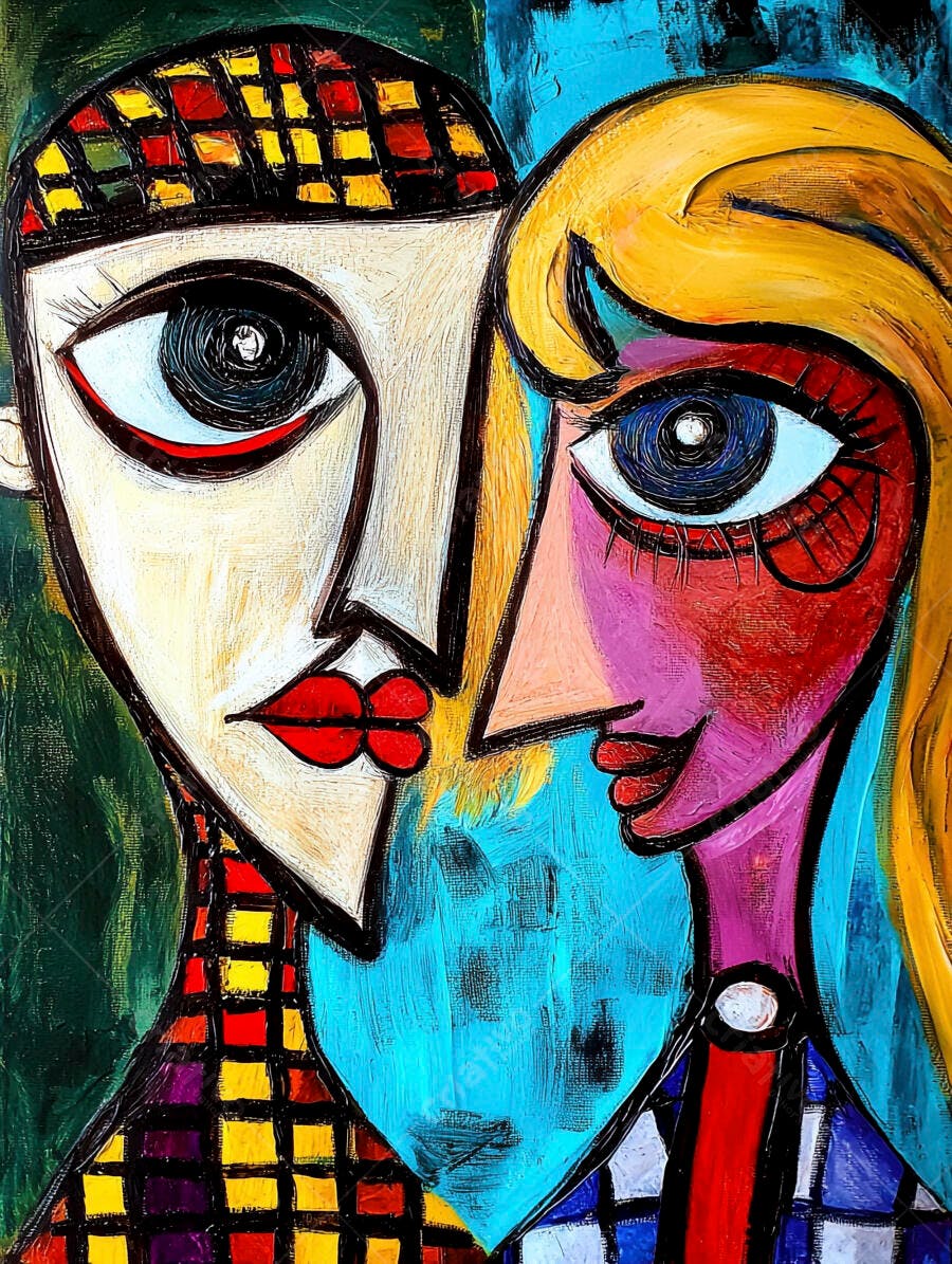 Retrato cubista de casal abstrato com cores vibrantes e texturas