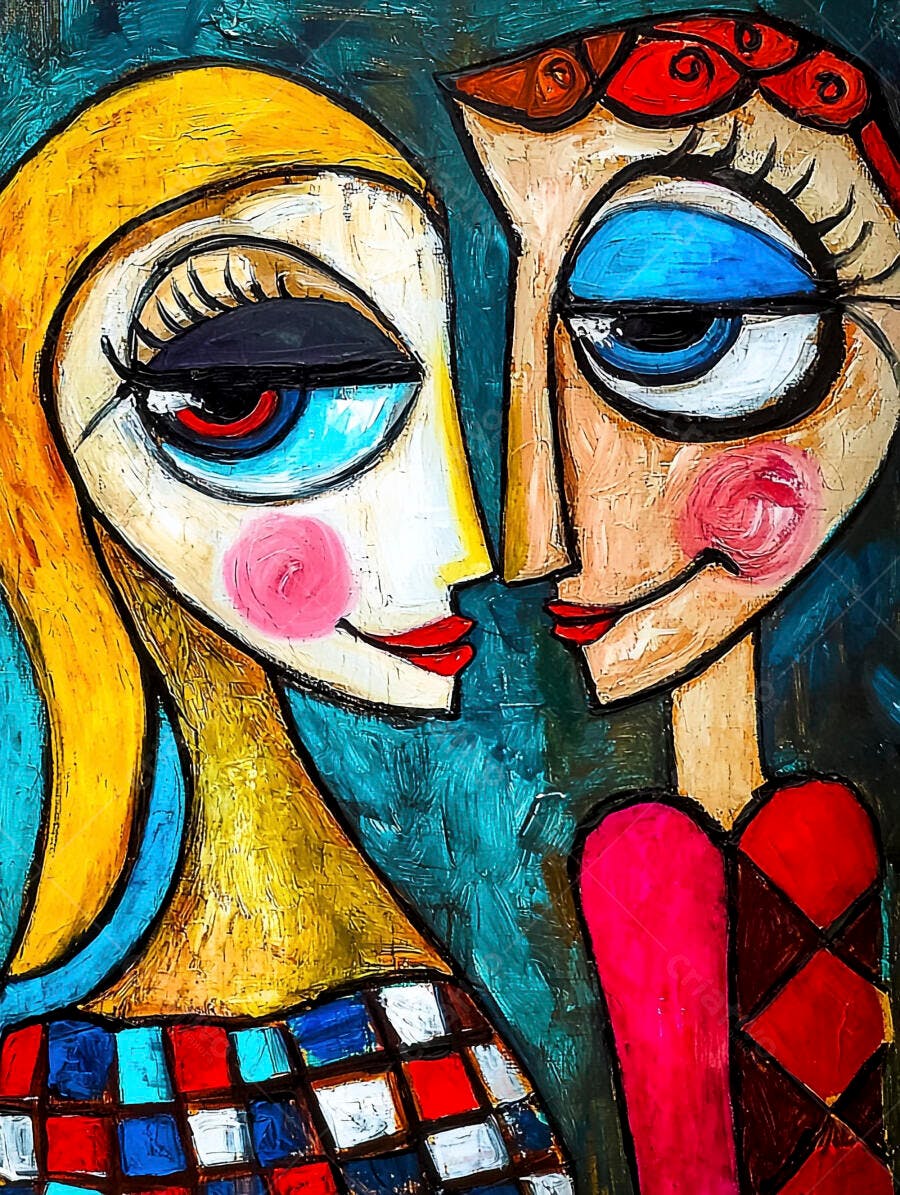 Casal abstrato olhos azuis e bochechas rosadas em arte cubista vibrante