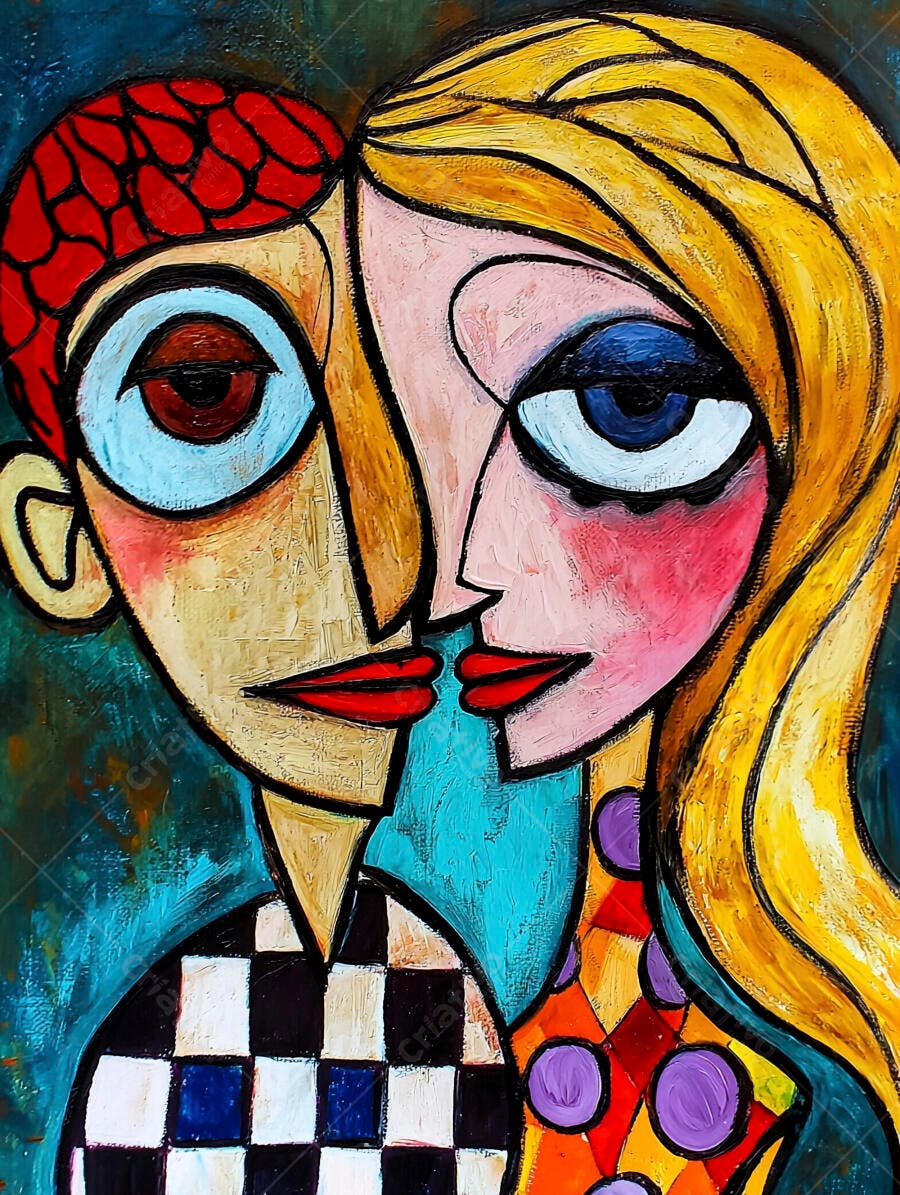 Retrato abstrato de casal colorido com cabelos loiro e ruivo estilo cubista
