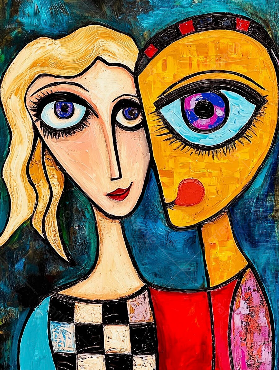 Mulher loira e figura amarela arte abstrata colorida vibrante textura impasto