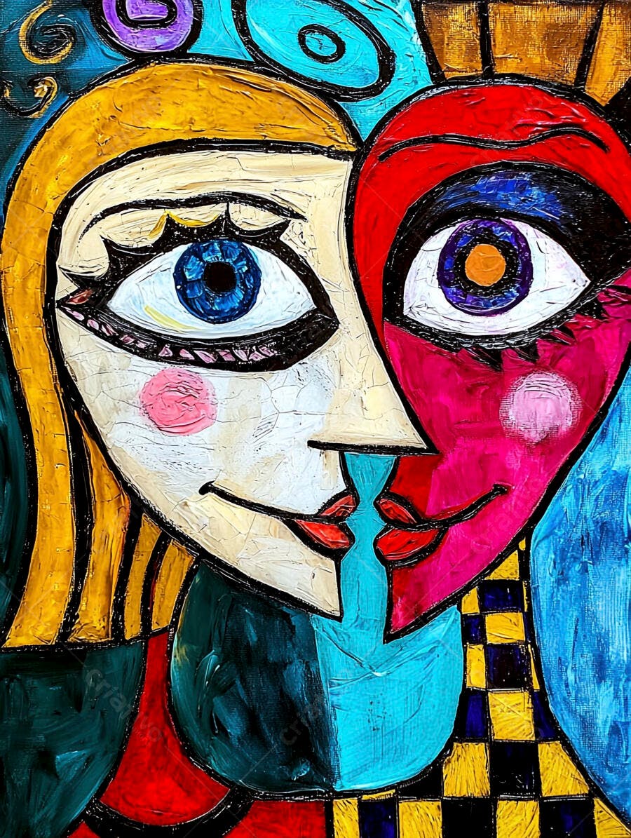 Retrato cubista feminino duas faces cores vibrantes azul vermelho amarelo