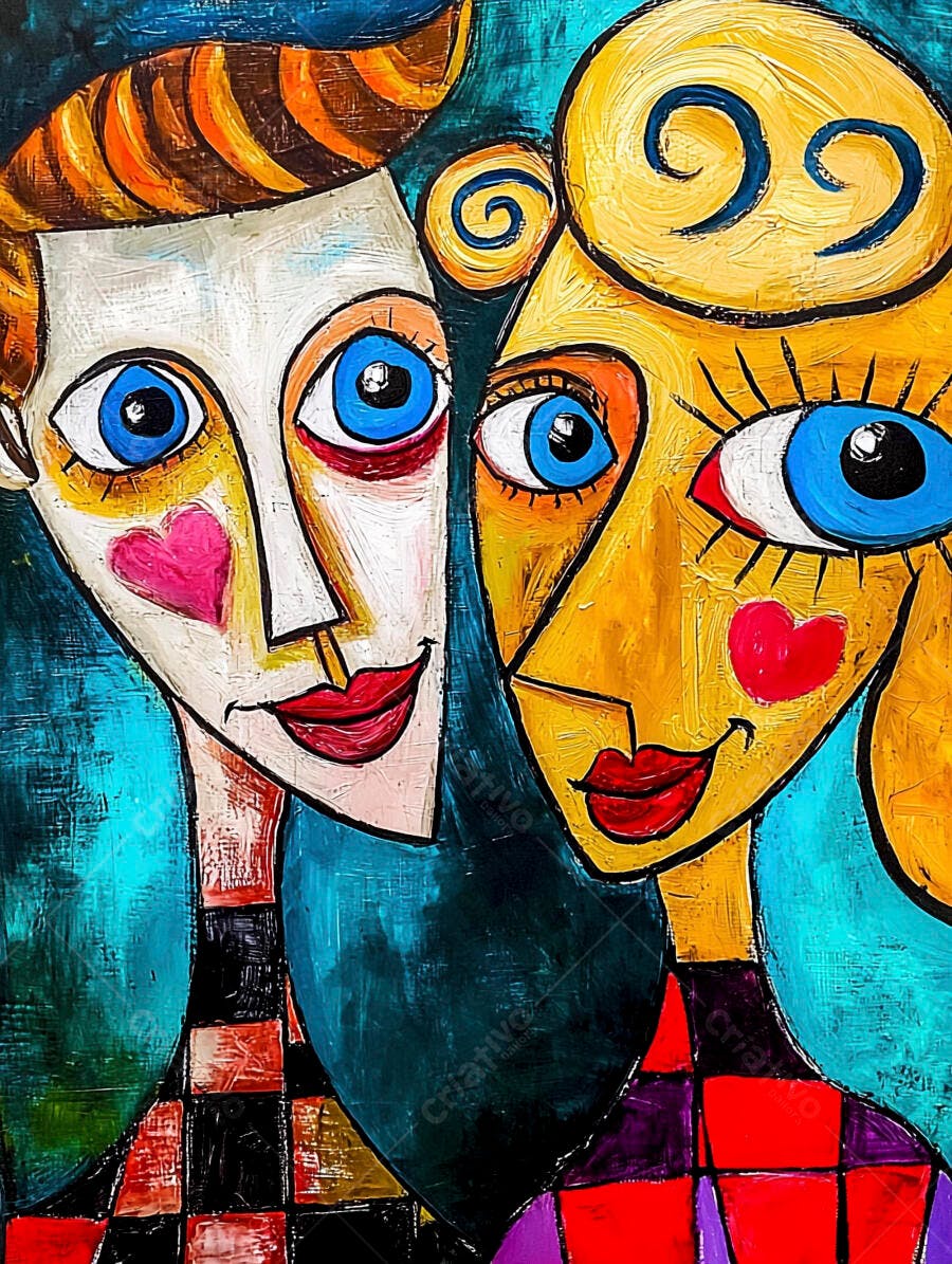 Casal em pintura cubista vibrante com corações e olhos azuis expressivos