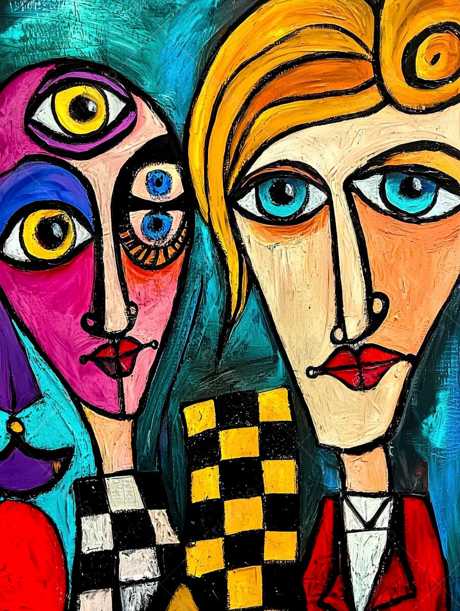 Arte abstrata cubista duas figuras femininas cores vibrantes olhos grandes surrealistas
