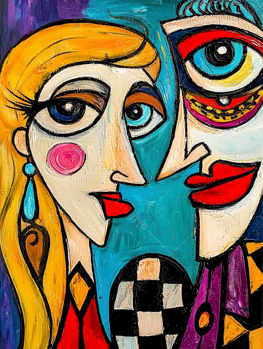 Duas faces abstratas em estilo cubista cores vibrantes homem e mulher