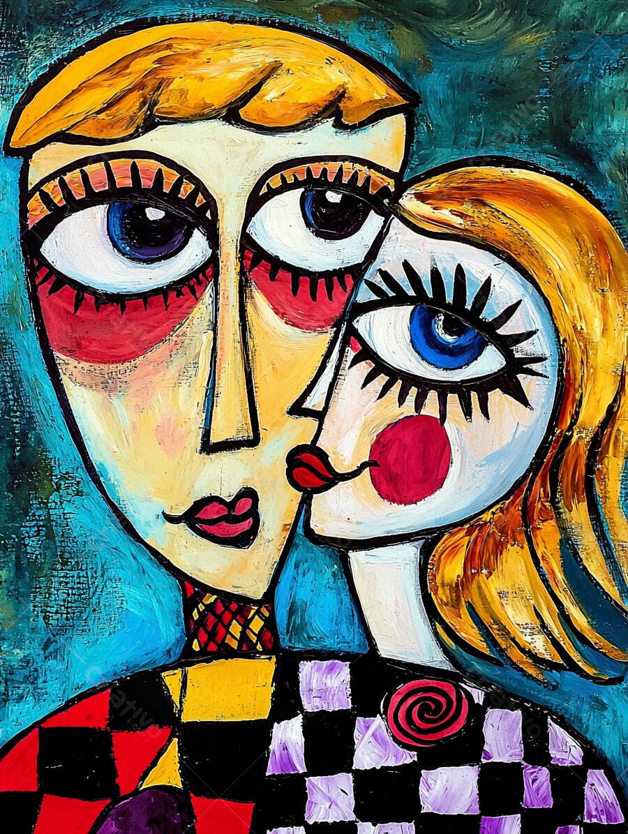 Pintura abstrata de casal com olhos intensos em estilo cubista e cores vibrantes