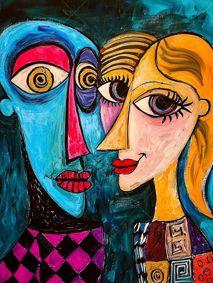 Arte cubista vibrante dois rostos abstratos em azul e amarelo com lábios vermelhos