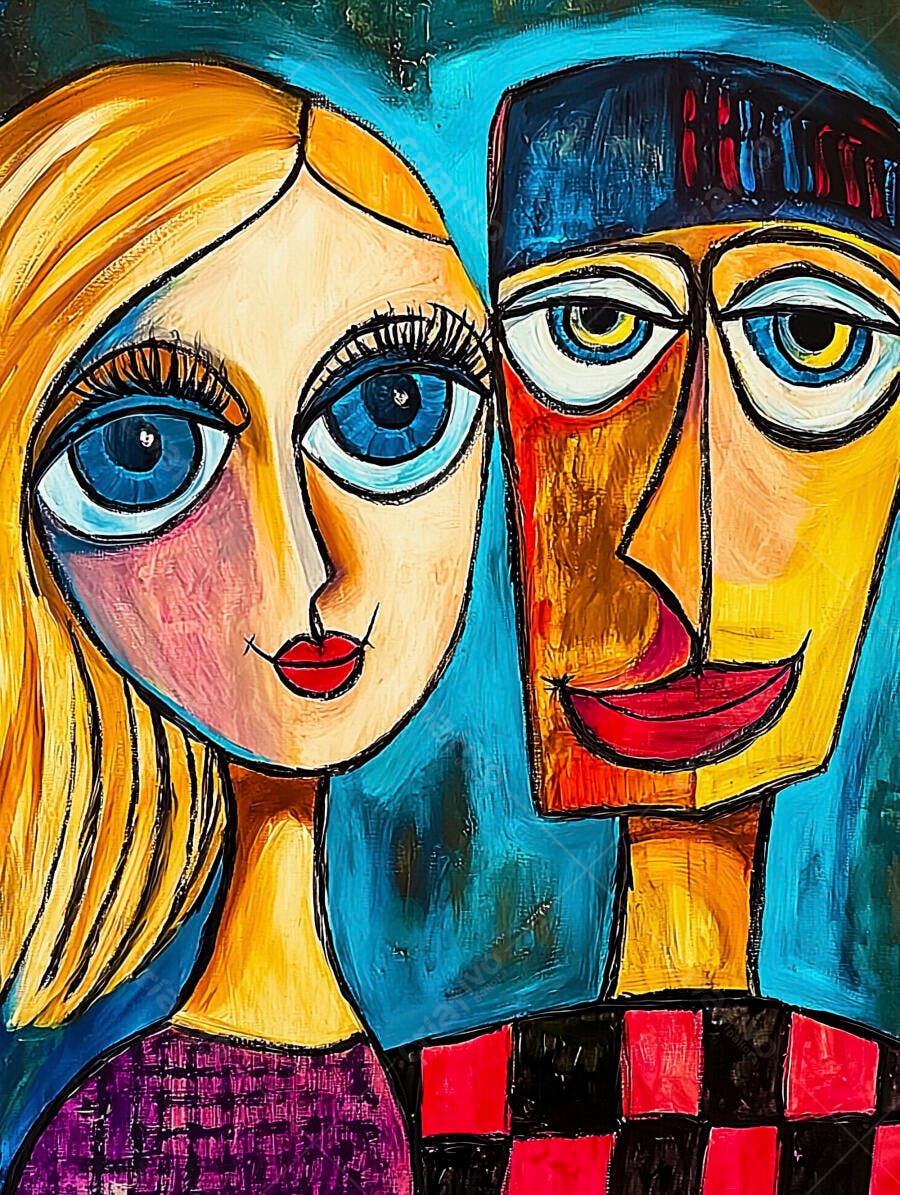 Casal em pintura cubista com olhos azuis e cores vibrantes arte moderna