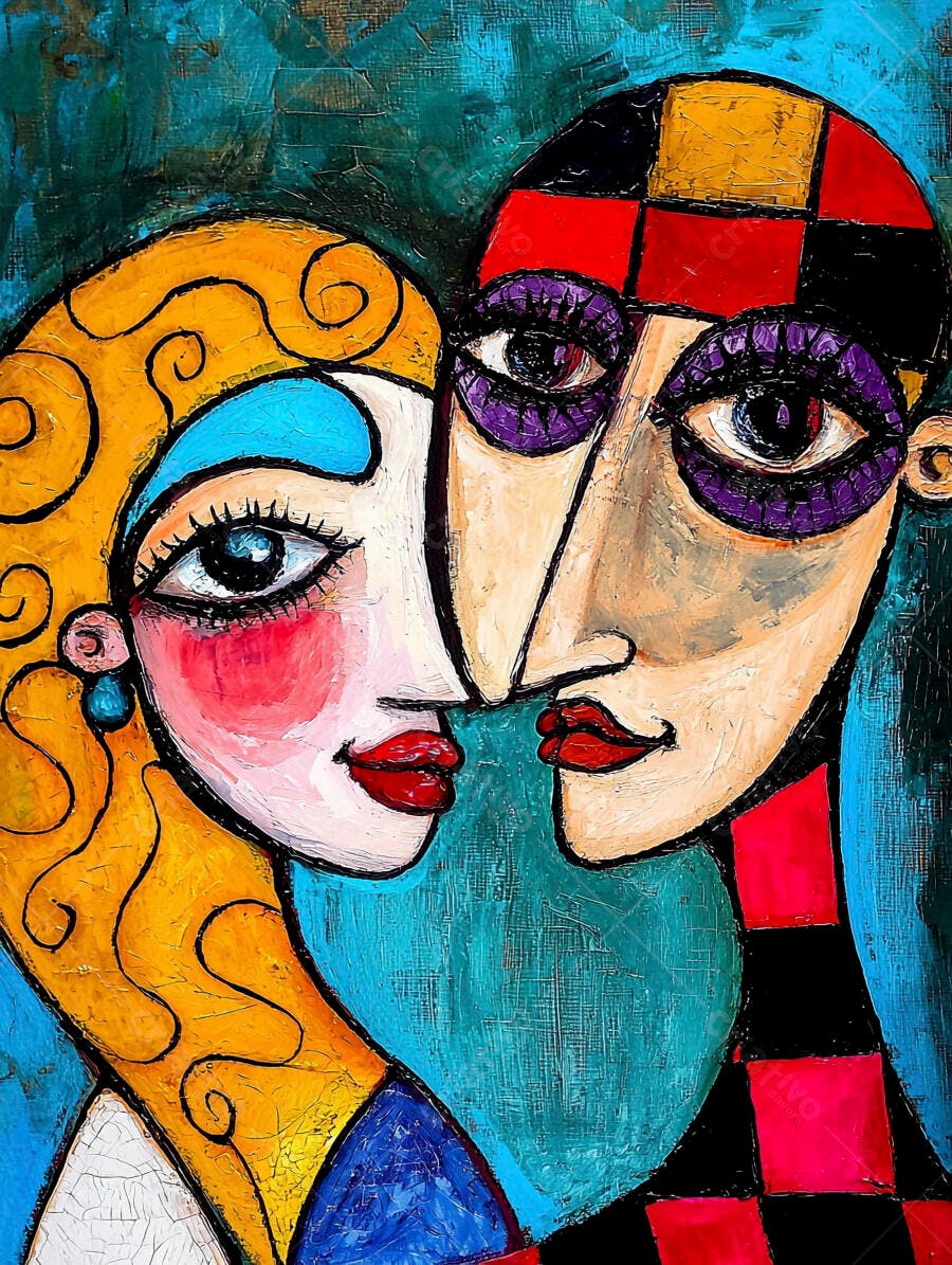 Faces abstratas de casal em arte moderna colorida e texturizada