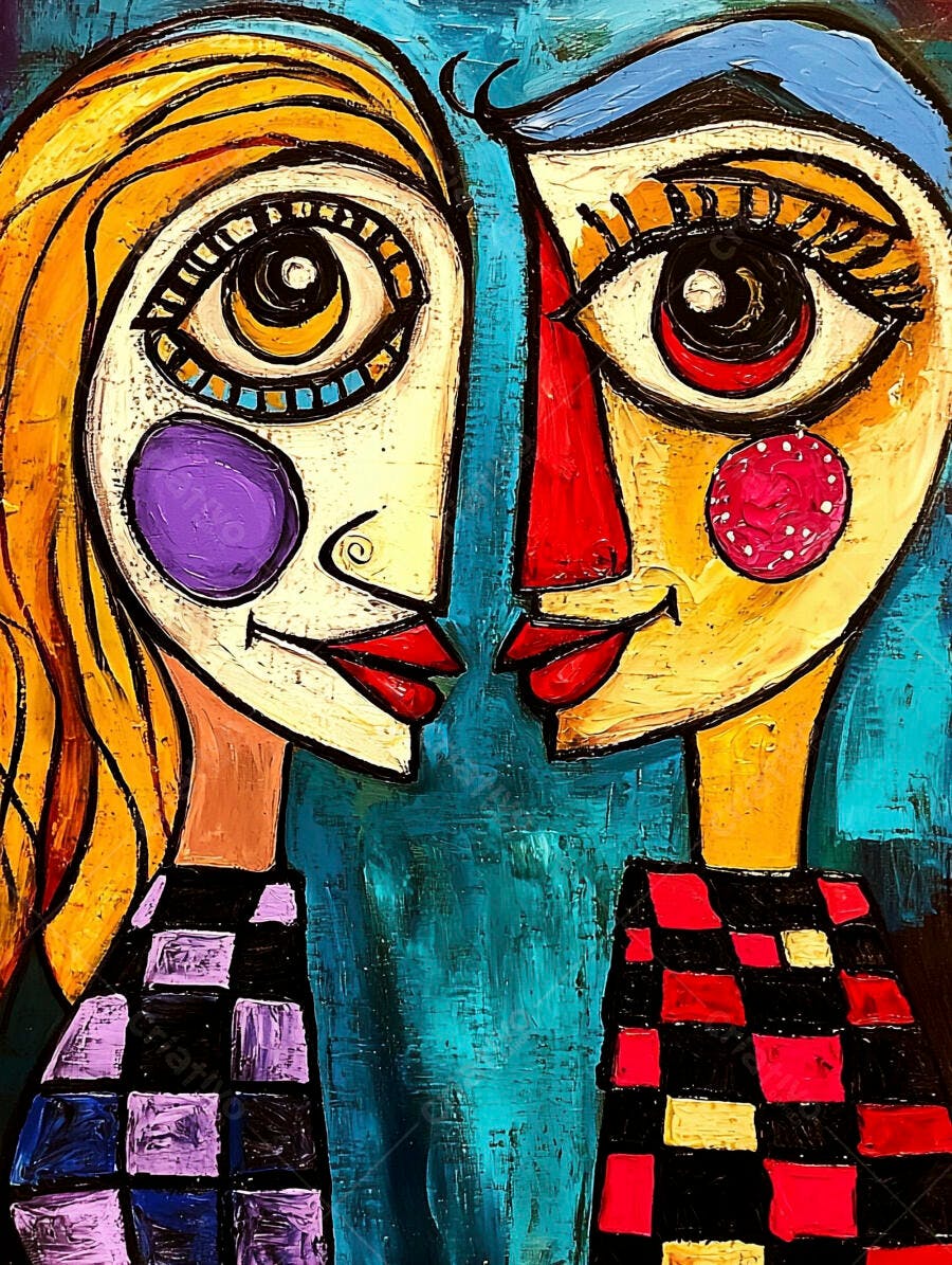 Pintura cubista figuras amarela e azul olhos grandes lábios vermelhos