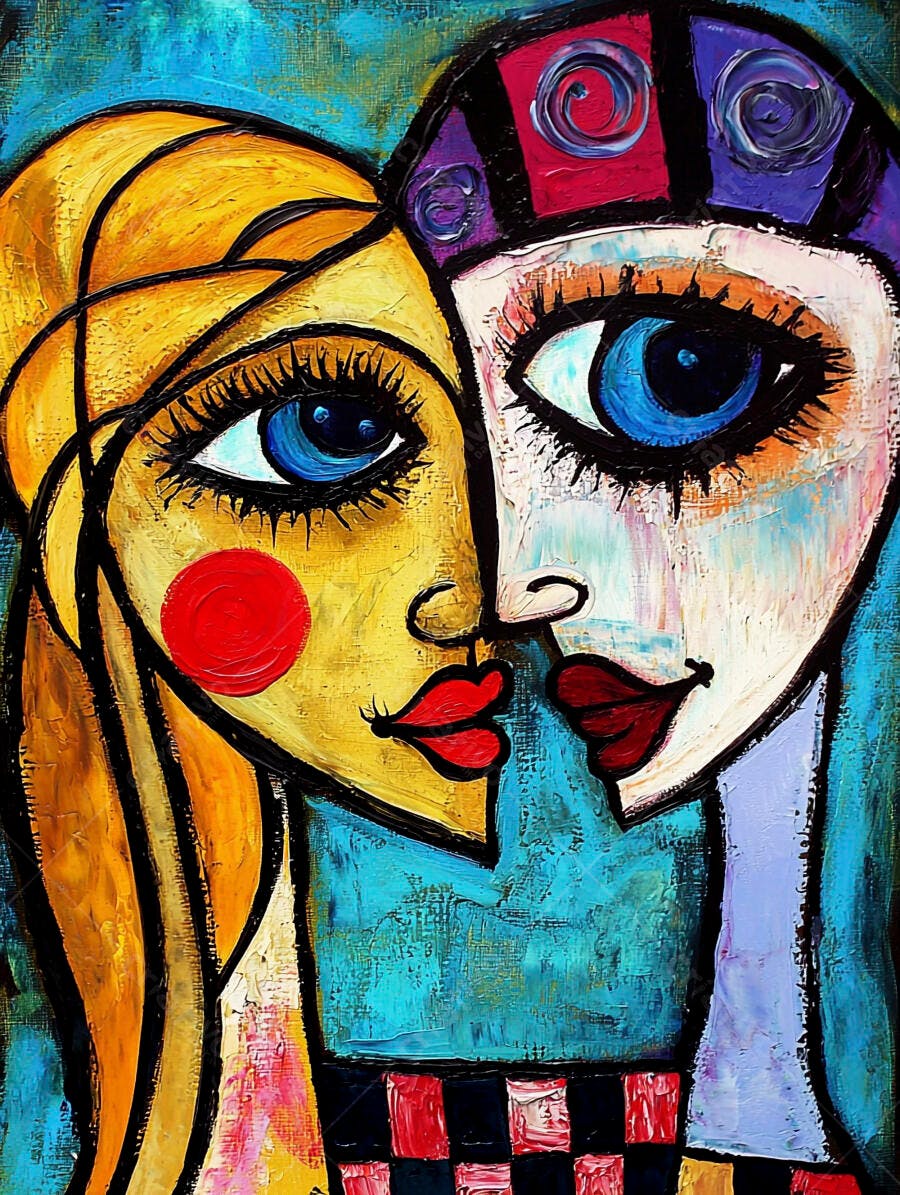 Rostos abstratos de casal em cores vibrantes estilo cubista