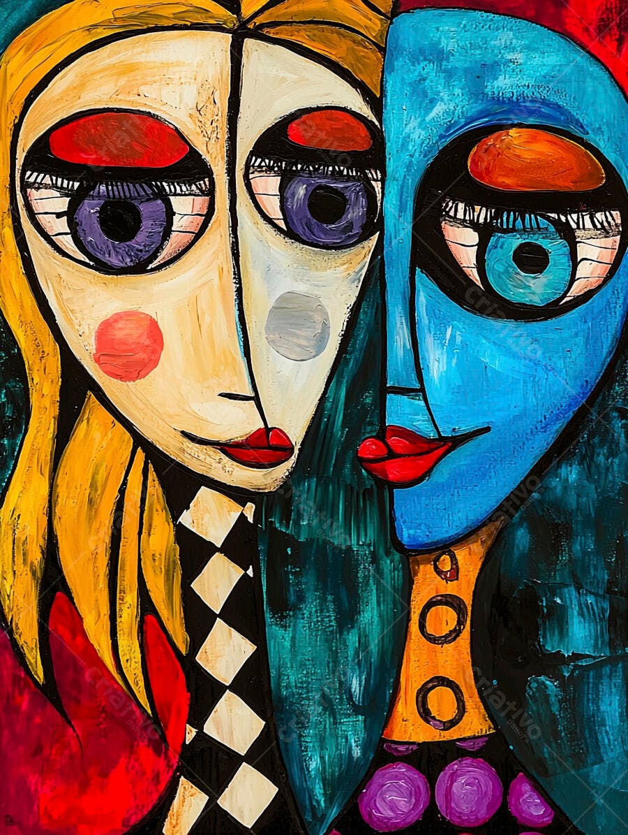 Pintura abstrata cubista mulher loira e homem azul com cores vibrantes