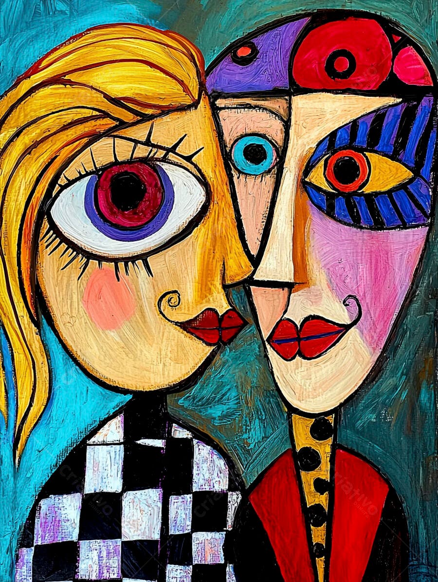 Casal cubista faces vibrantes em pintura abstrata moderna