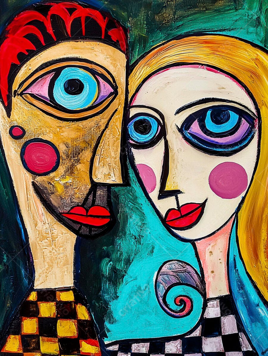 Casal abstrato com olhos azuis em pintura cubista colorida e vibrante