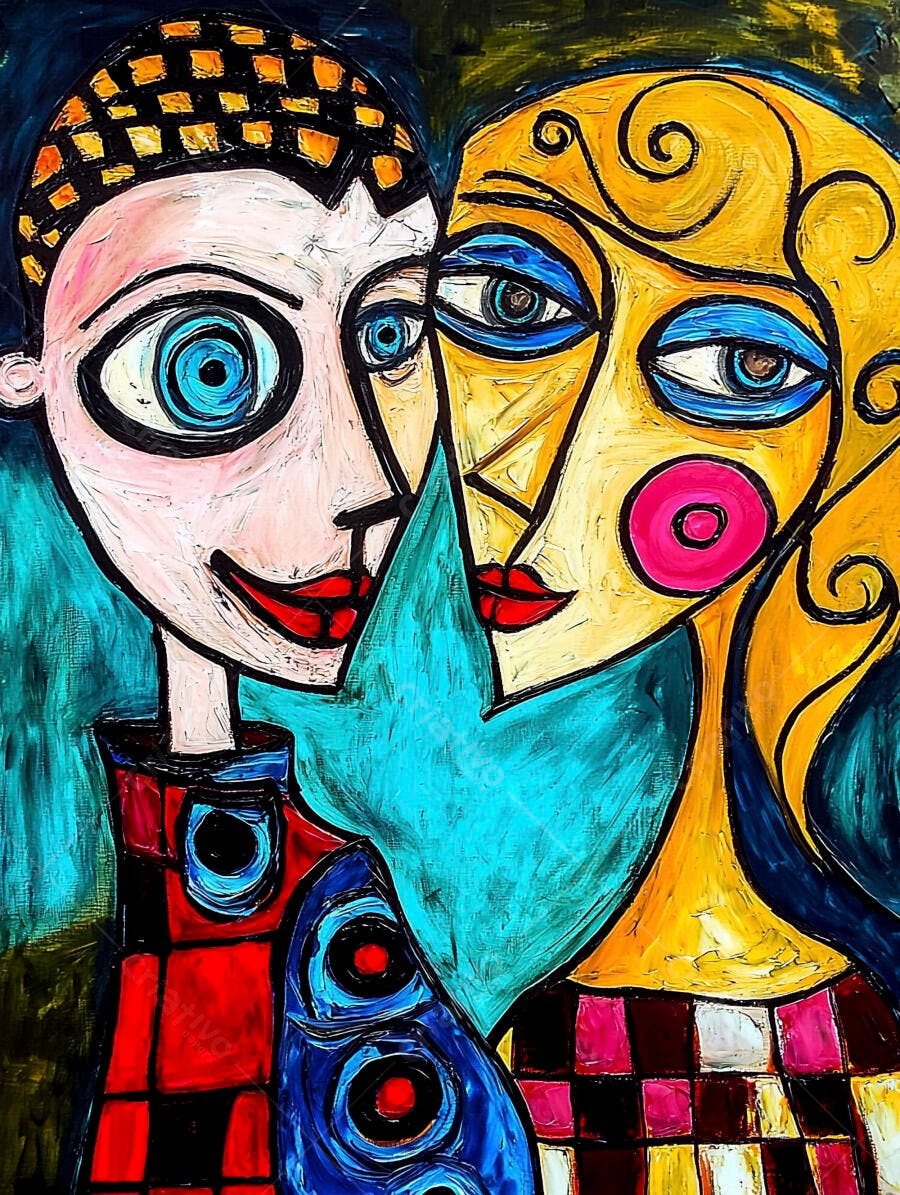 Casal abstrato com olhos azuis em arte vibrante cubista e moderna