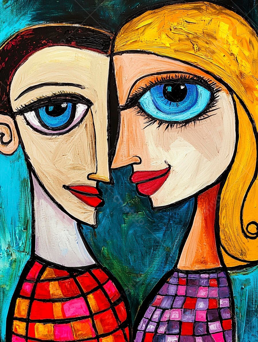 Casal abstrato pintura cubista com olhos azuis e cores vibrantes