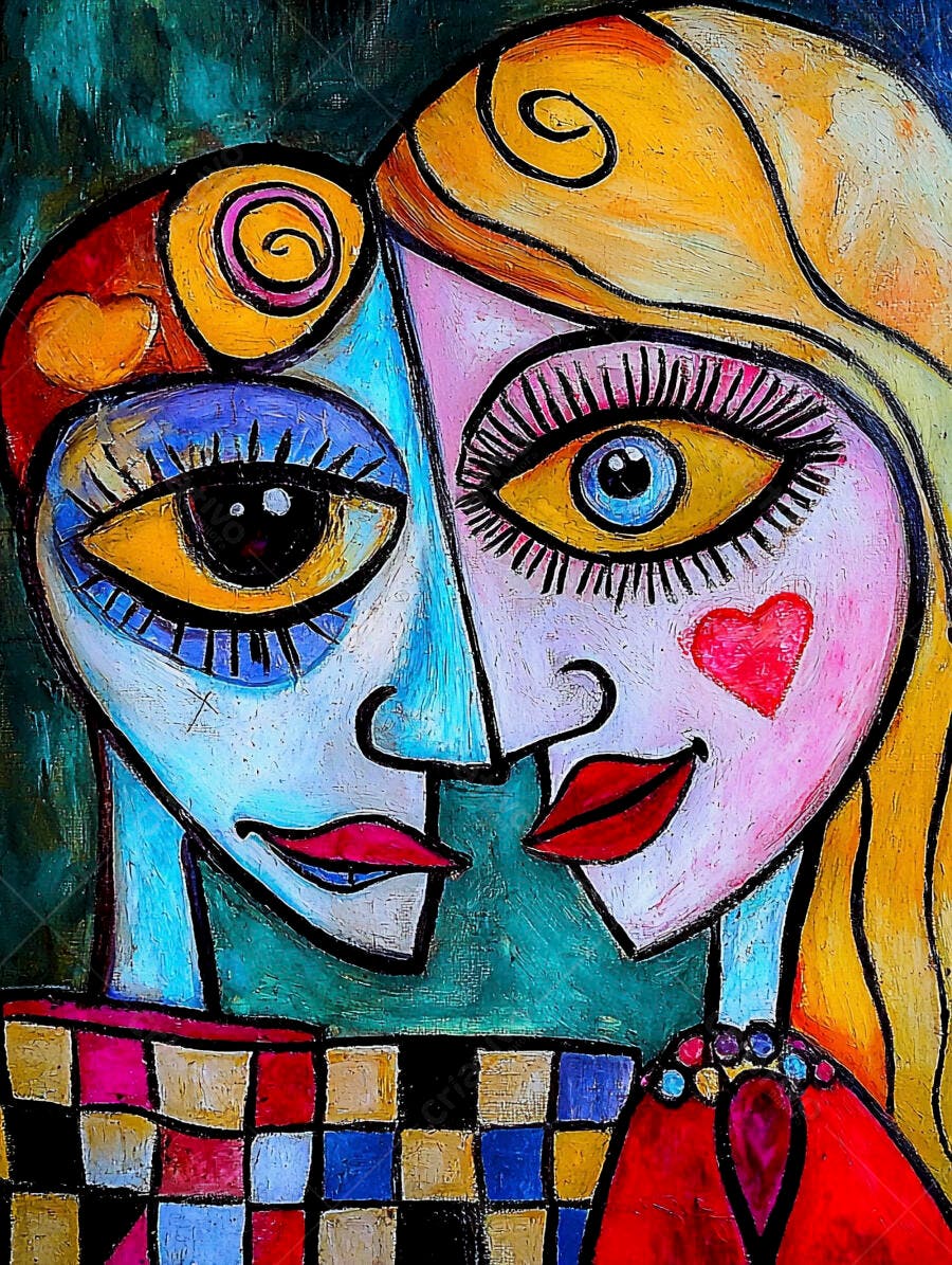 Duas faces abstratas vibrantes arte cubismo moderno cores quentes frias