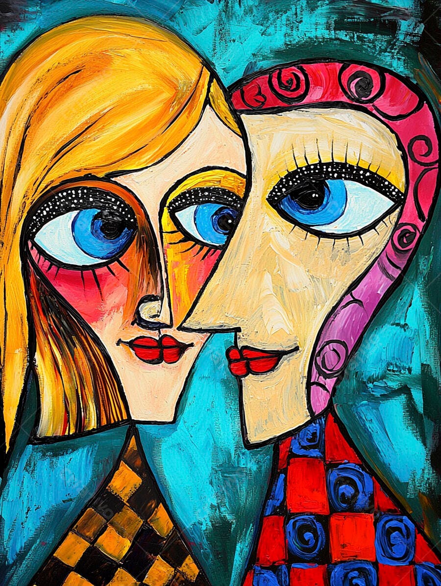 Duas mulheres abstratas coloridas com olhos azuis vibrantes arte moderna
