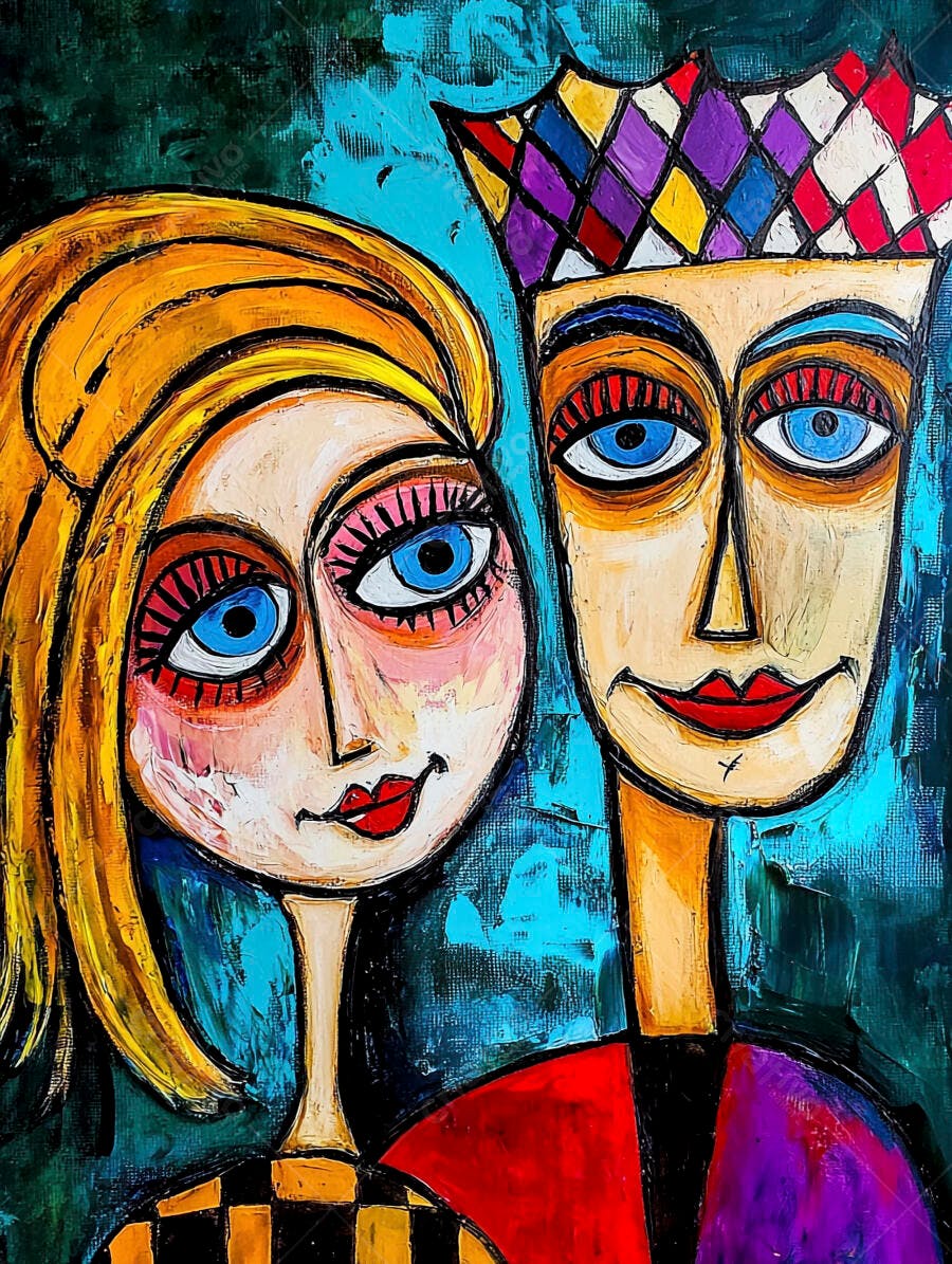 Pintura abstrata de casal vibrante com olhos azuis e coroa colorida