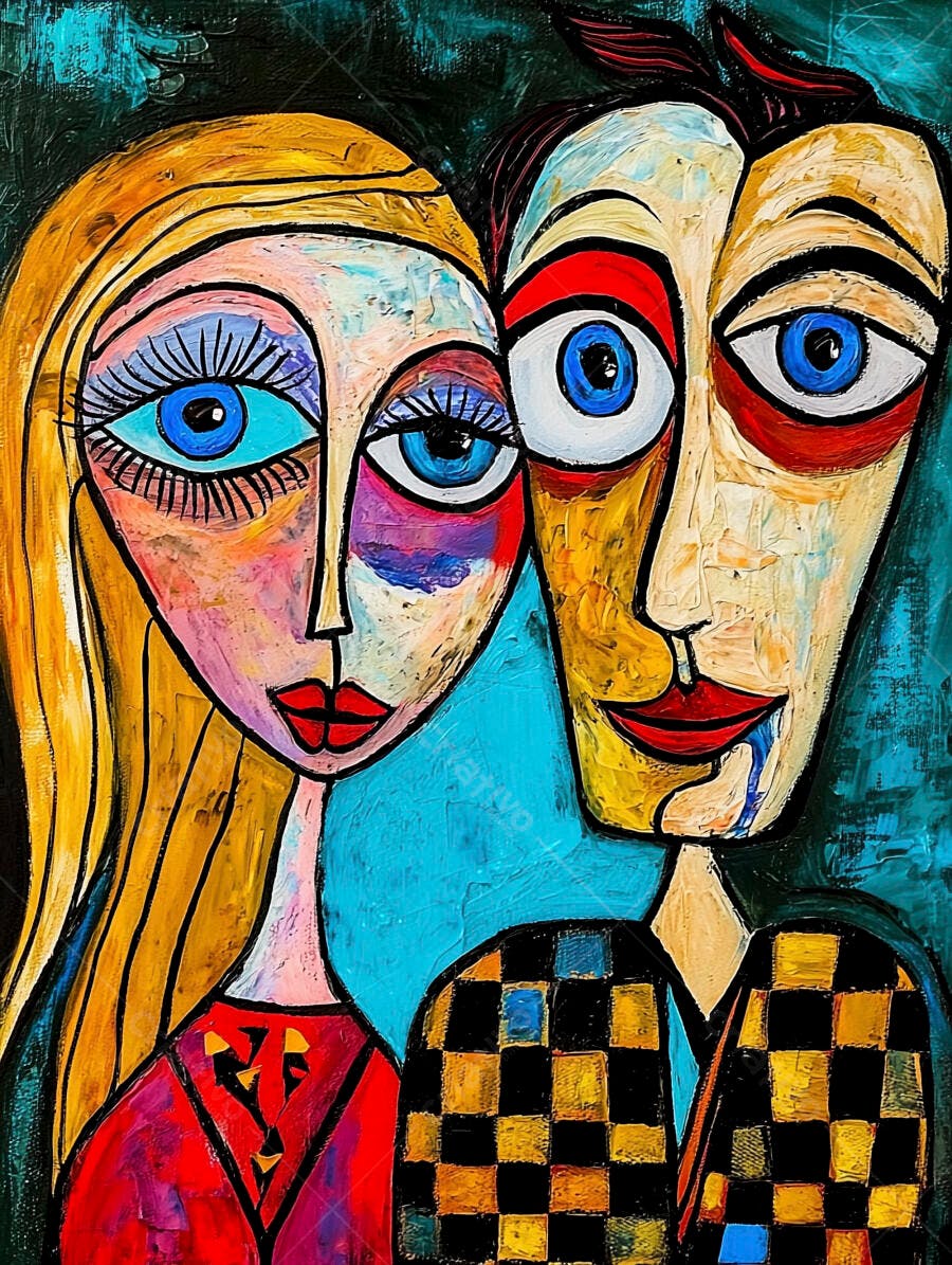 Retrato de casal com olhos azuis em estilo cubista vibrante