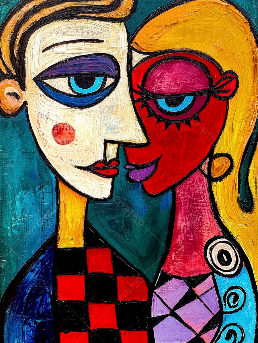 Casal abstrato cubista faces coloridas olhando-se com paixão