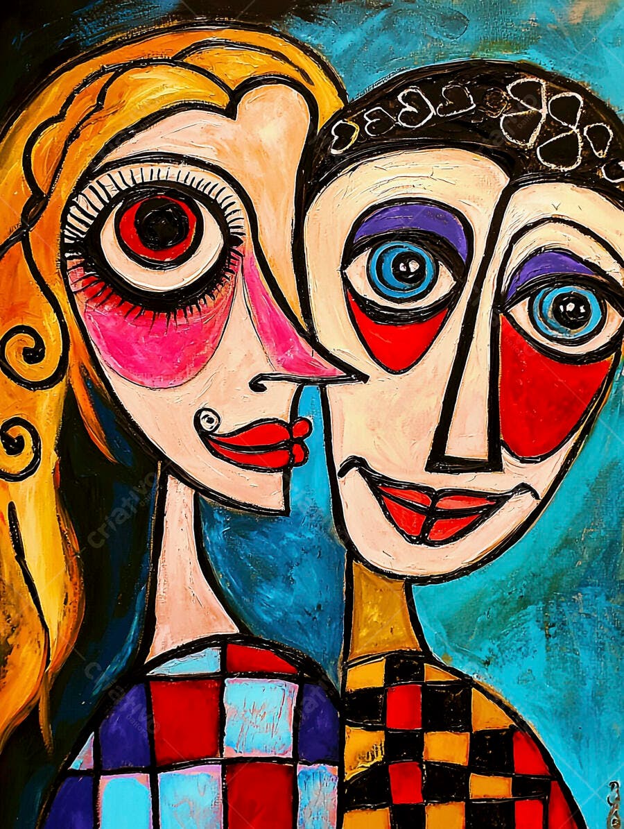 Retrato abstrato de casal com olhos grandes e cores vibrantes
