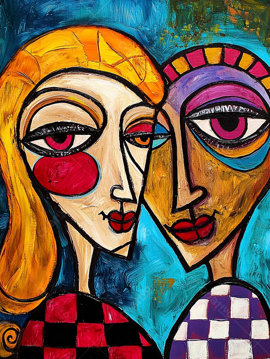 Arte abstrata de casal cubista com cores vibrantes e texturas ousadas