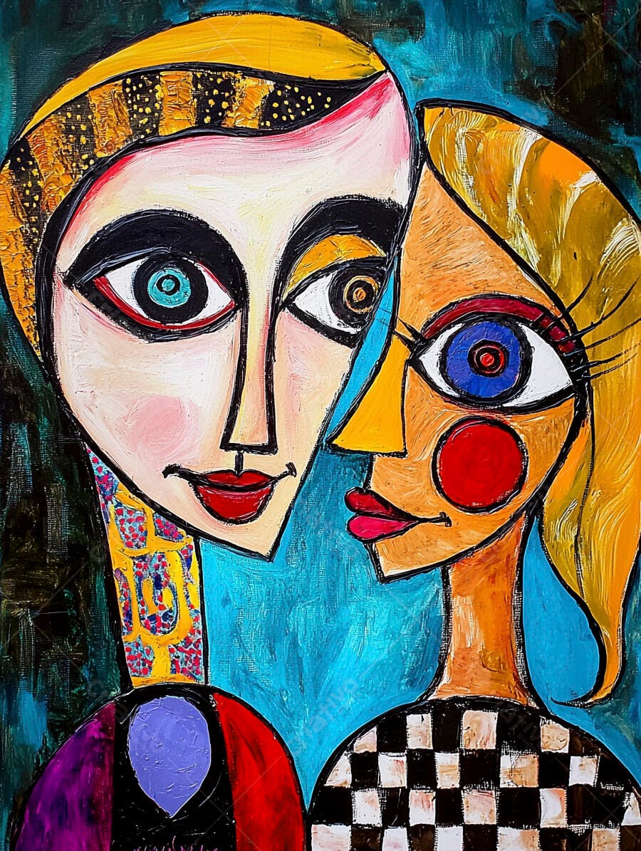 Duas pessoas abstratas com faces vibrantes em arte moderna